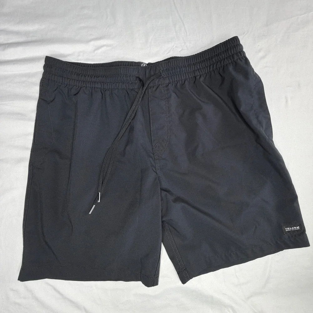 Volcom Mens Black Swim Trunks Shorts Elastic Waist Drawstring Size XL